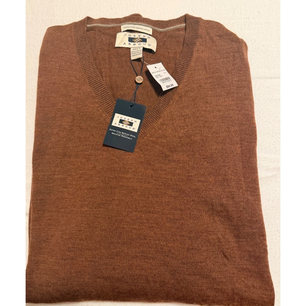 Joseph Abboud Mens 3XLT Extra Fine Merino Wool V-Neck Sweater Rust Brown NWT